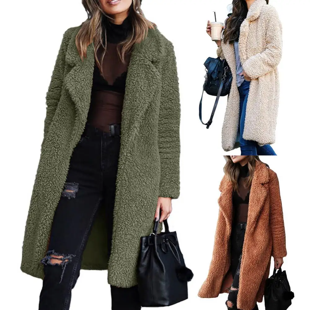 

Solid Color Warm Thicken Long Sleeve Lapel Plush Ele-choices S-3XL Women Winter Cardigan Midi Coat for Daily&Work