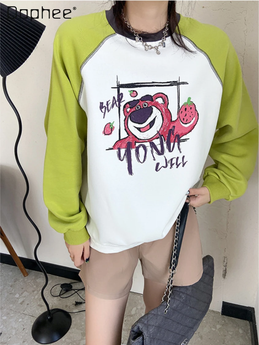 

Fall Korean Style Women's Sweatshirts Round Neck Cartoon Embroidery Contrast Color Raglan Sleeve Loose Casual Long Sleeves Hoody