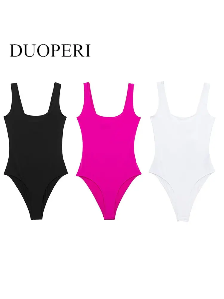 

Женские модные однотонные облегающие боди DUOPERI с открытой спиной, винтажные женские шикарные топы на бретелях с квадратным воротником