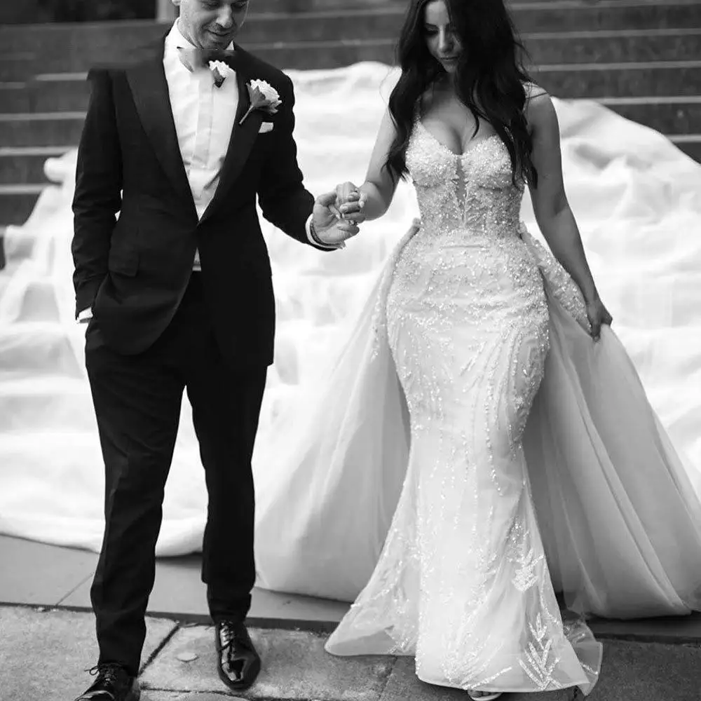 

Потрясающее Свадебное платье с блестящими бусинами и блестками, роскошное свадебное платье с юбкой-годе и шлейфом, свадебные платья на бретелях-спагетти, 2023