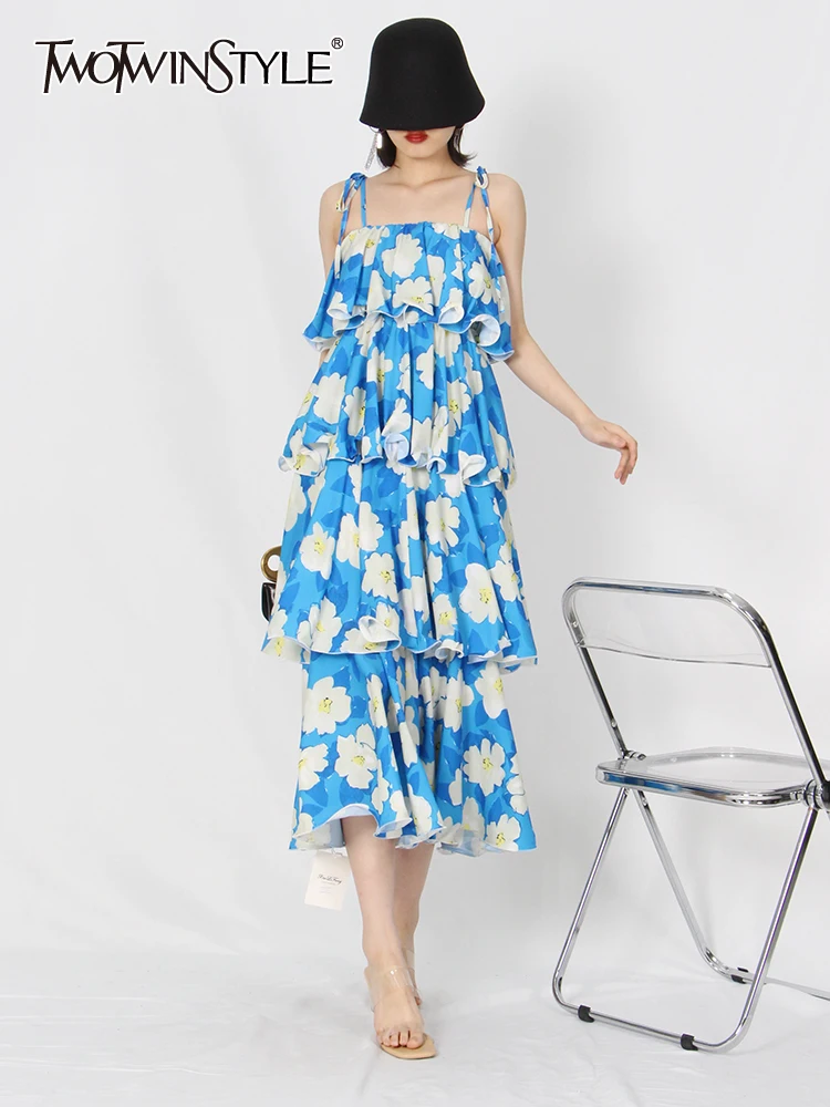 

TWOTWINSTYLE Print Floral Summer Sling Dress For Women Square Collar Sleeveless High Waist Colorblock Midi Dresses Female 2022