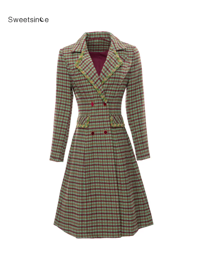 

Sweetsince Women Plaid Tailored Collar Casual Commuting French Temperament Trench Slim Coat 2023 Designer Spring New Overcoat
