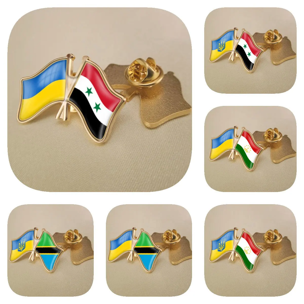 

Ukraine and Syrian Arab Republic Tajikistan Tanzania Double Crossed Friendship Flags Brooches Lapel Pins Bradges
