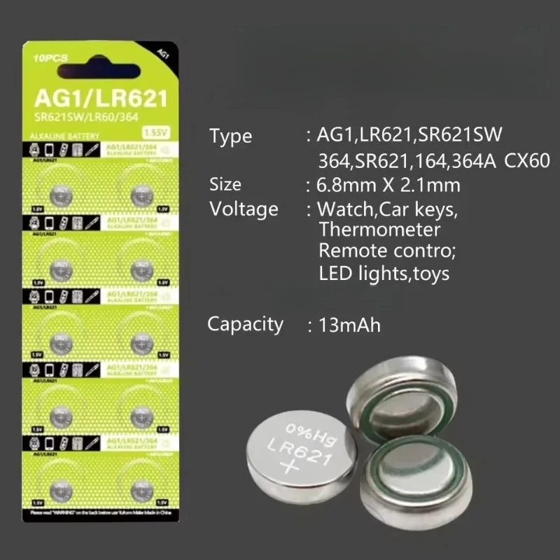 Фото Батарейка щелочная 1.55V 13mAh AG1 LR621 364 V364 164 531 SR621 SR621SW SR60 CX60 для часов, автомобильных ключей, пультов ДУ, игрушек, кнопочных устройств, батарейка-таблетка №2