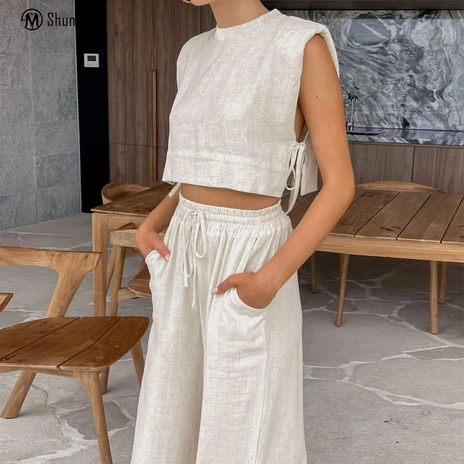 

Women Tank Top+Loose Pants 2 Piece Sleeveless Top Pants Sets Shoulder Pads Fashion Casual Cotton Linen Vacation Trousers Suit