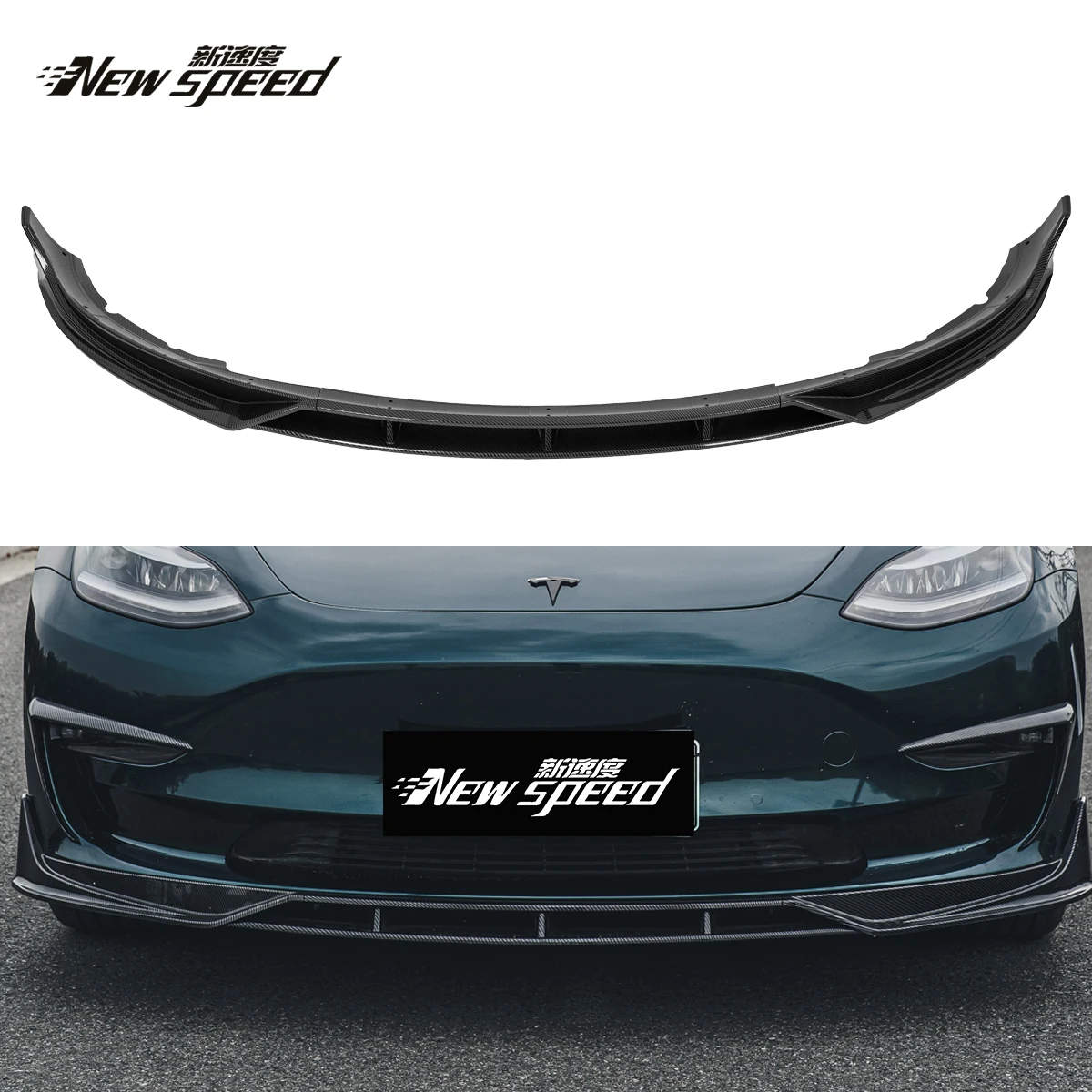 

3pcs Front Bumper Lip For Tesla Model 3 2017+ 2019 2020 2021 2022 2023 Carbon Fiber Pattern And Glossy Black