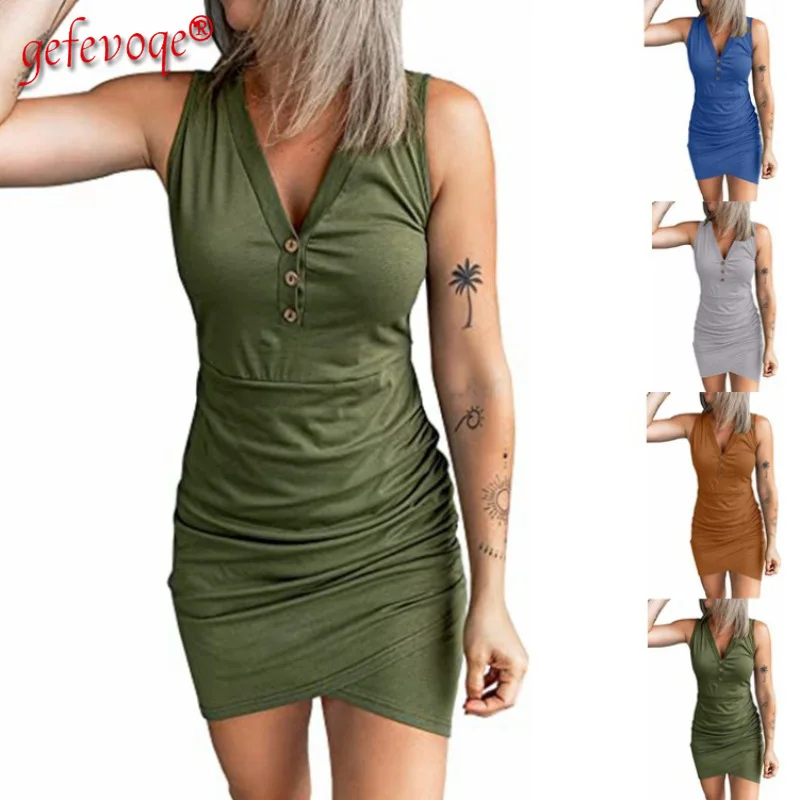 

Office Lady Elegant Button Solid Tank Dresses Spring Summer 2022 Streetwear Sleeveless V-Neck Pullover Mini Dress Women Clothing