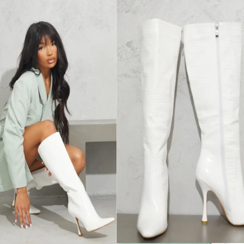 

Genuine Leather Ladies Knee High Boots High Heels Pointed Toe Spring Autumn Boots Black Beige Brown 2022 New Shoes for Women