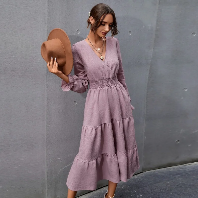 

2023 Autumn New Elegant Slim Slimming V-neck Mid-length Dress Long-sleeved V-neck High-waisted Lotus Leaf Sleeve Women's Skirt