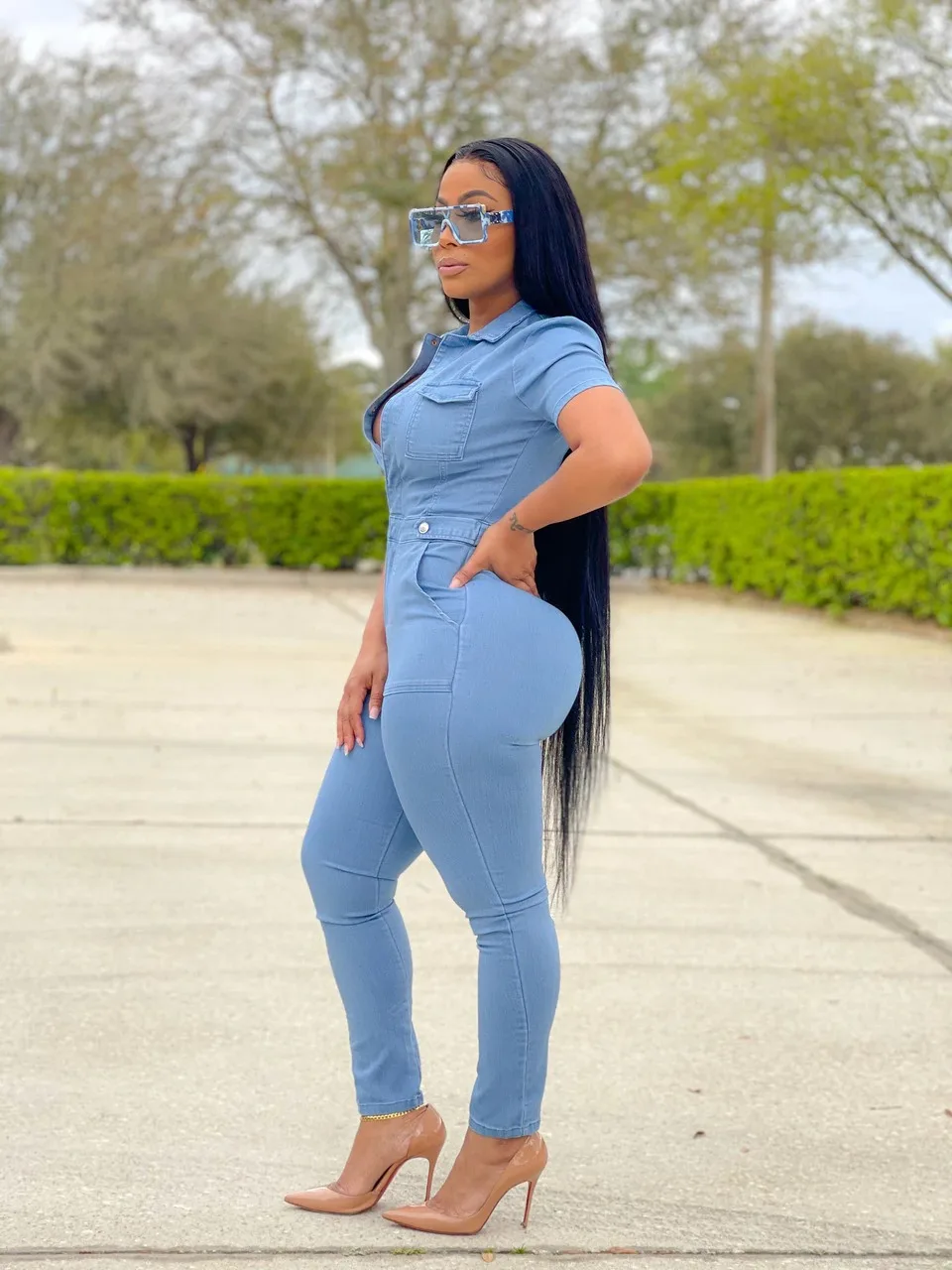 Denim Jean Jumpsuit Sexy 2023 Women Summer Clothes Y2K Streetwear One Piece Jean Pencil Bodycon Pocket Pant Jumpsuit Bodysuit