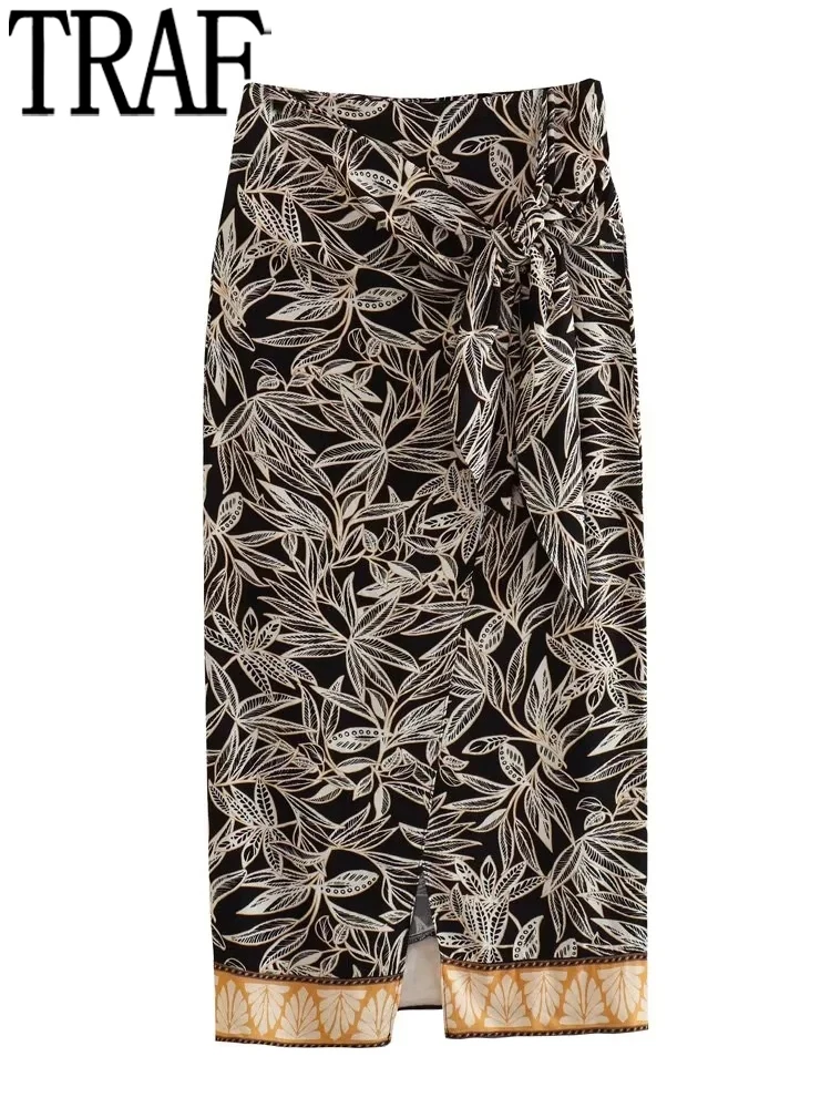 

TRAF 2023 Print Wrap Women's Skirt High Waist Long Skirts for Women Summer Boho Midi Skirt Women Pareo Evening Slit Women Skirts