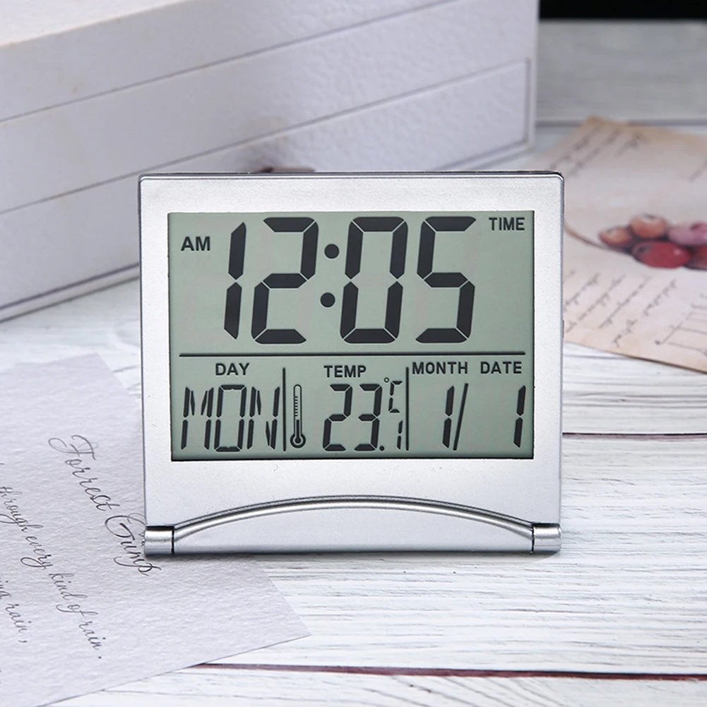 

Portable LCD Digital Alarm Clock Temperature Alarm Snooze Timer Small Foldable Calendar Clock Timer for Weekday Mini Clock