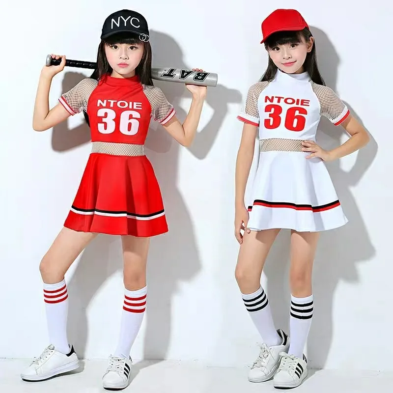 Kids Girls Red Cheerleading Jazz Dance Dress Mesh Neckline Patchwork Style Numeric Print Clothes School Grils Cheerleaer Uniform