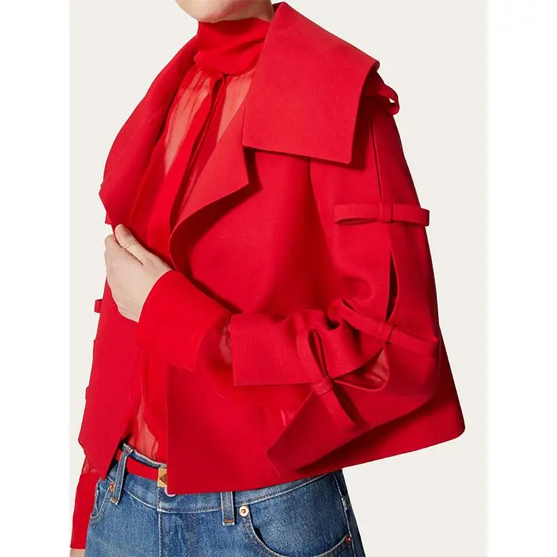 Подиумный укороченный пиджак с 3D бантом и длинными рукавами брендовое модное