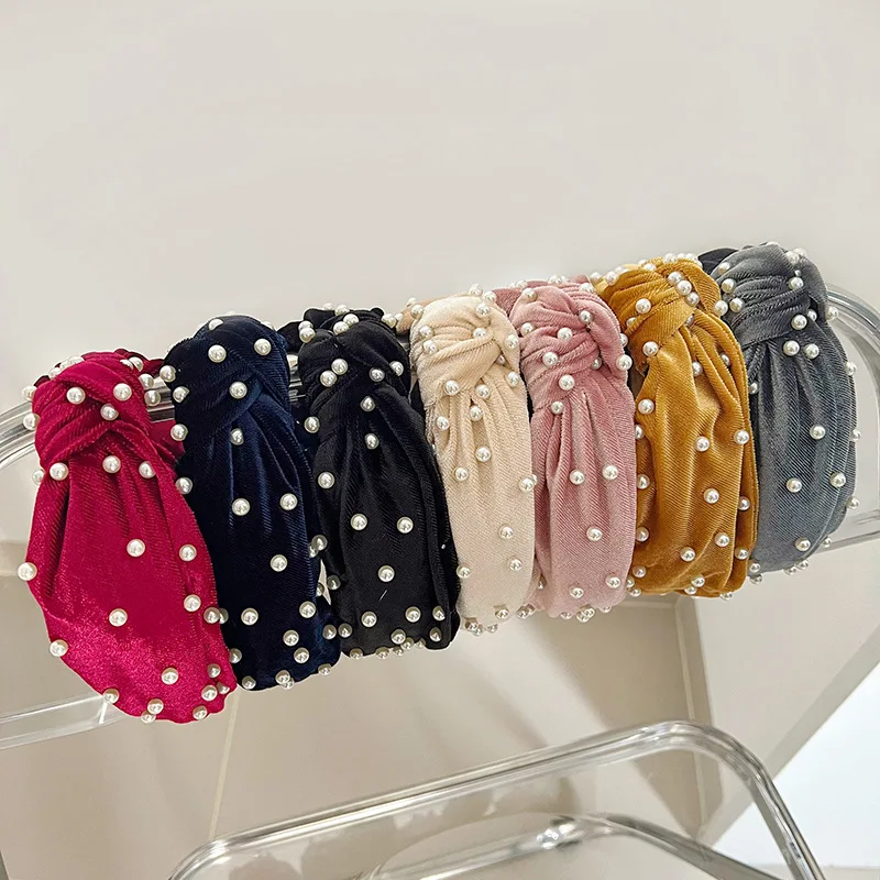 

European and American New Simple Vintage Pearl Knotted Face Wash Hair Bands Swan Velvet Beads Headband Hair Accessories