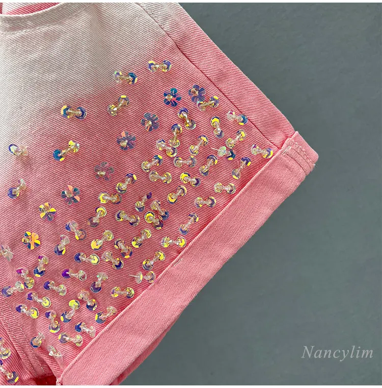 Sequined Denim Shorts Women's 2023 New Summer Gradient High Waist Loose and Limming Wide-Leg Hot Pants Studded Shorts Street