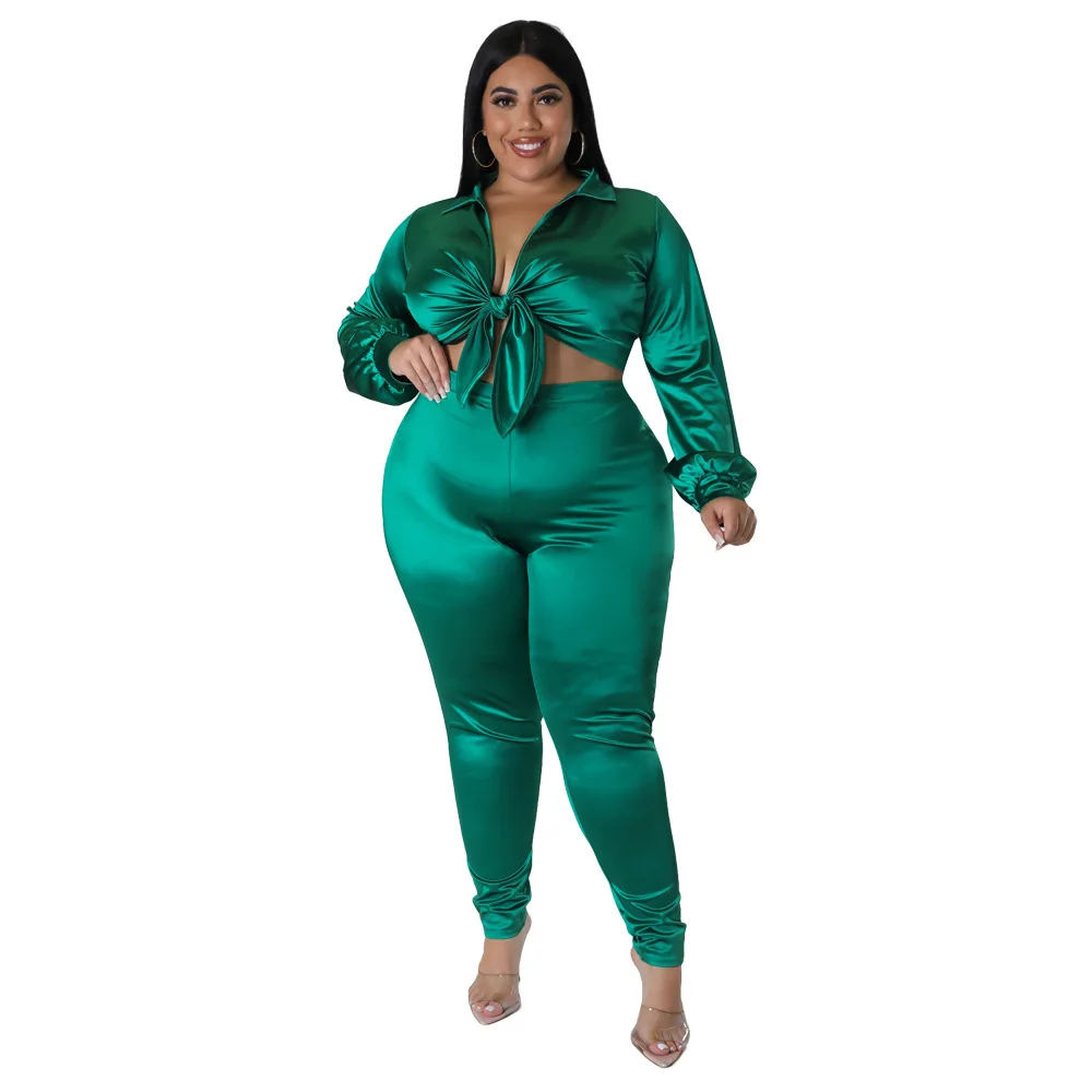 Plus Size Sets Solid Turn-down Collar Elastic Waist Set of Women's Clothing 2 Pieces Full Slim Fit Sexy Plus Size Two Piece Sets
