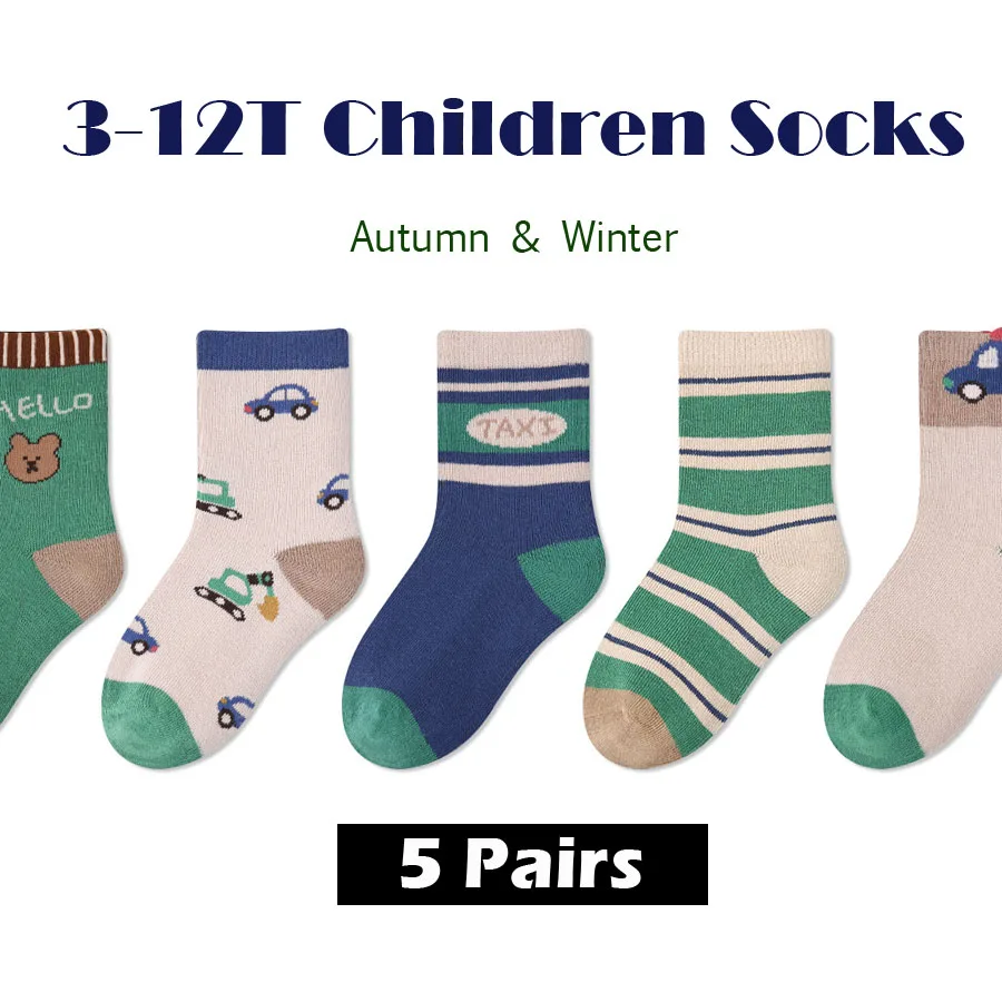 

5 Pairs Children Socks Autumn Cotton Calf Socks Baby Boys 1-12Y Kids Soft Striped Socks