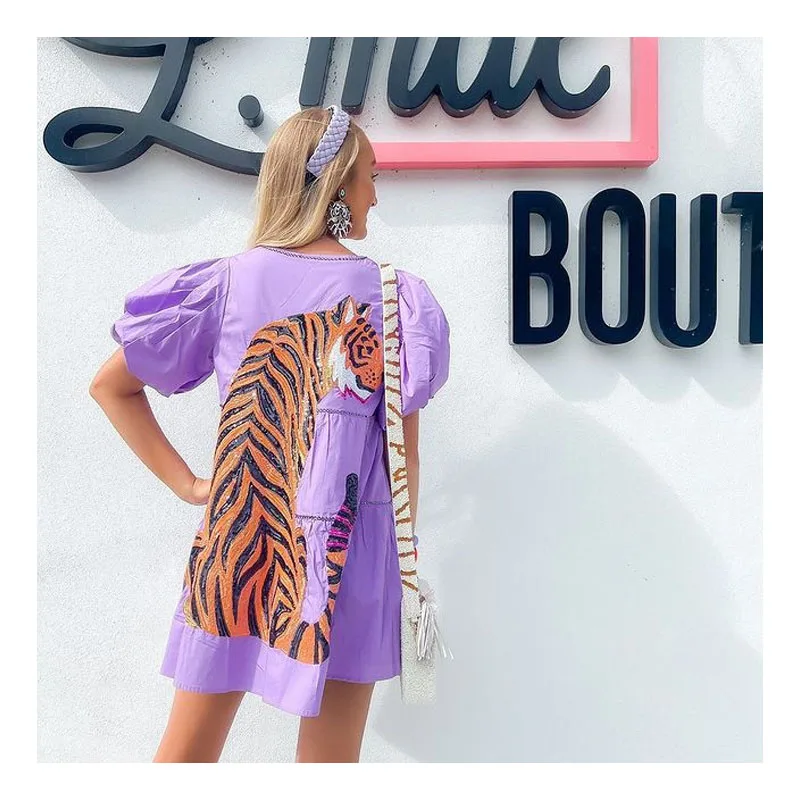 

Personalized Fashion V-neck Dress Mini Skirt for Ladies Tiger Print Puffy Sleeve Dress Purple Sweet Cute Cake Dress for Girls 66