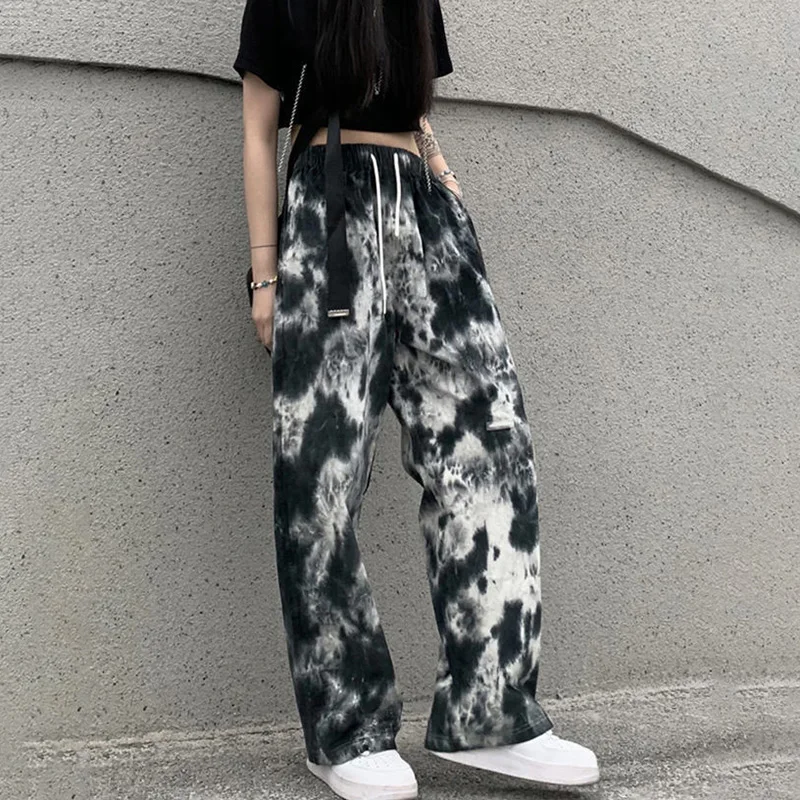 

Extremely Loose Tie-dye Women's Pants Summer Elastic Waist Wide Leg Y2k Sweatpants Korea Style Traf Baggy Trousers For Women
