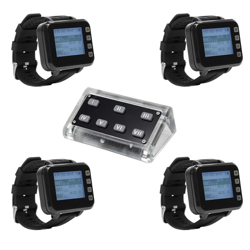 Ycall Wireless Kitchen Call Waiter Service System 4 Wrist Pager and 1 Cooker Multi-key Buzzer