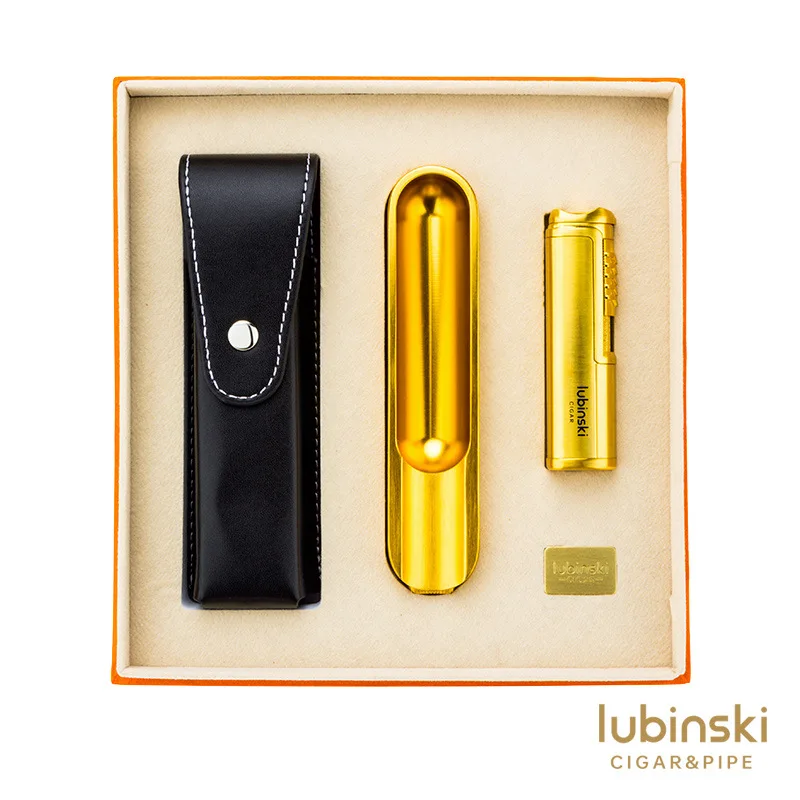 

LUBINSKI Three-In-One Cigar Set Luxury Gift Box Single Straight Lighter Ashtray with Punch Drill with Leather Case Cigar Set