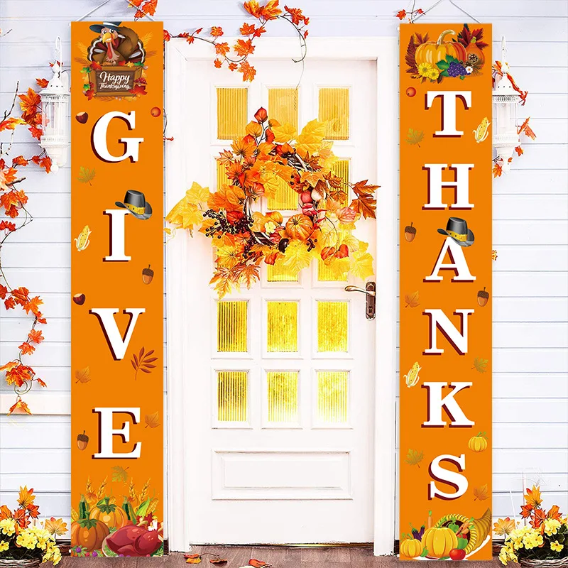 

1set Thanksgiving Theme Party Door Ornaments Give Thanks Couplet Banner Outdoor Porch Window Hanging Flag Sign Home Garden Decor