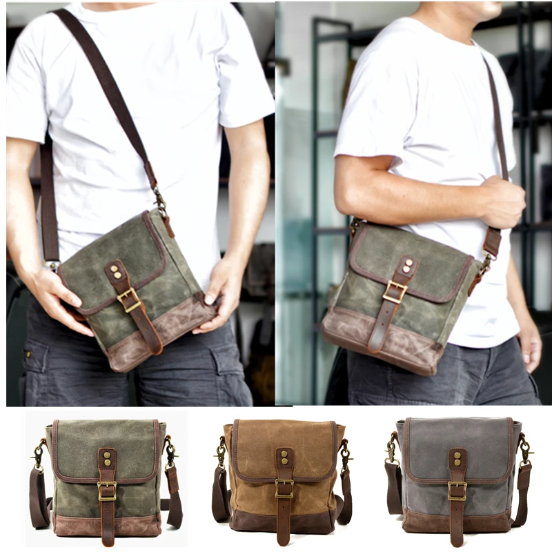 Vintage Men's Oil Wax Canvas Leather Crossbody Bag Military Army Messenger Bags For Male Casual Shoulder Bag Travel Sling Bags