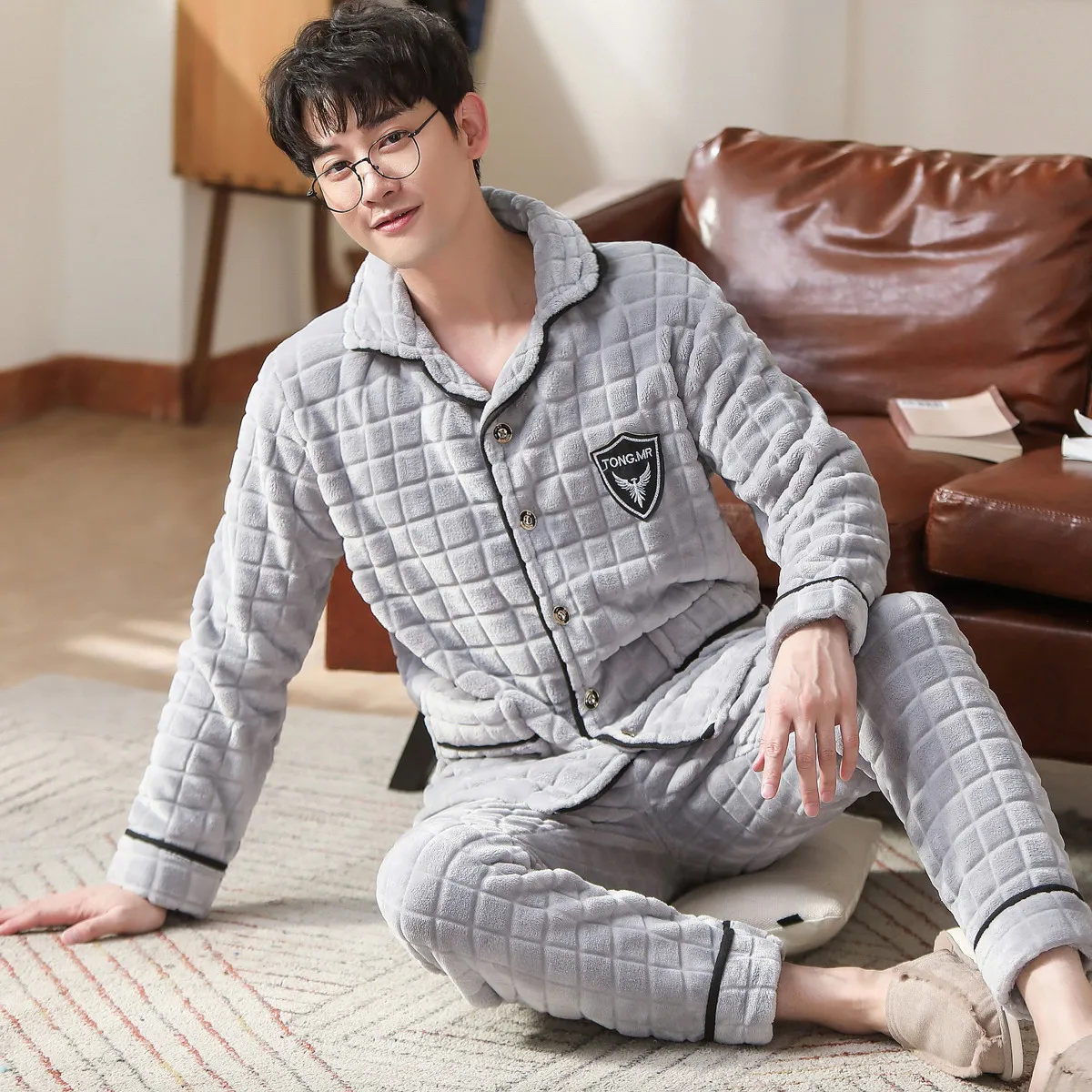 Plus Size 3XL White Nightwear Long Sleeve Winter Thicken Warm Flannel Pajamas Sets Soft Sleepwear Long Pant Male Men Pajamas Set