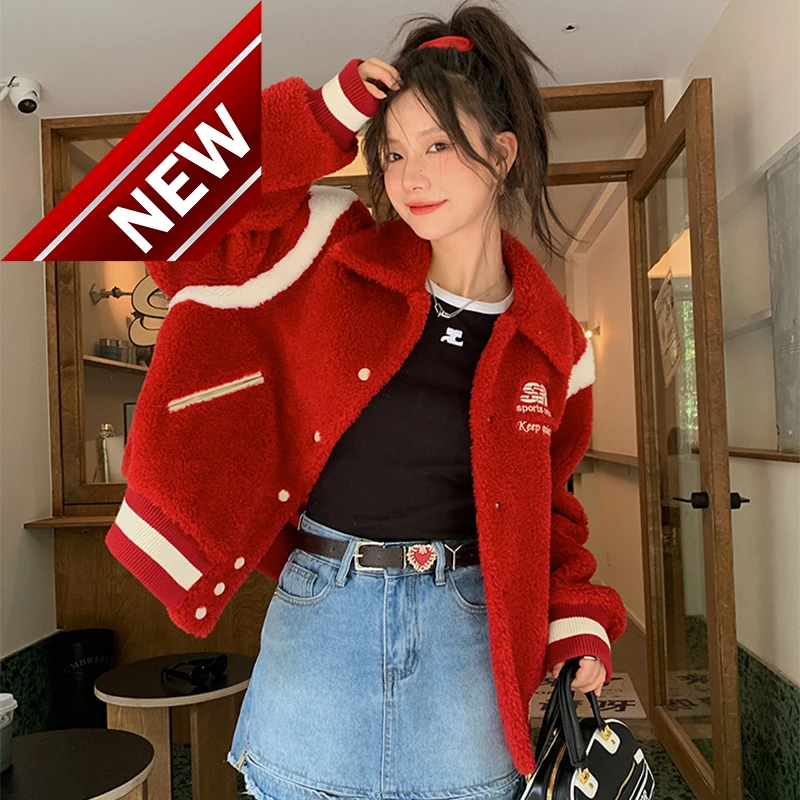 

Бейсбольная униформа из овечьей шерсти Y2K, женская зимняя модная короткая Повседневная Свободная куртка с отворотом контрастных цветов и с...