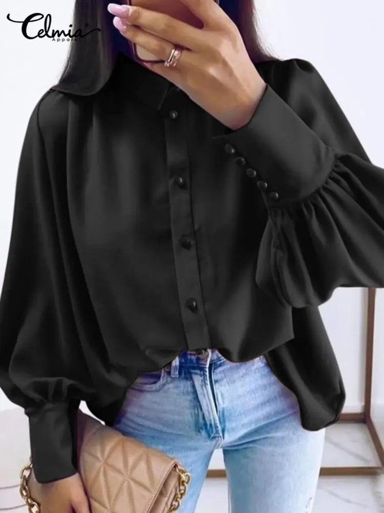 

Celmia Pleats Lapel Collar Blouses Solid Elegant Long Puff Sleeve Buttons Tunic Tops 2022 Summer All-match Women Satin Shirts