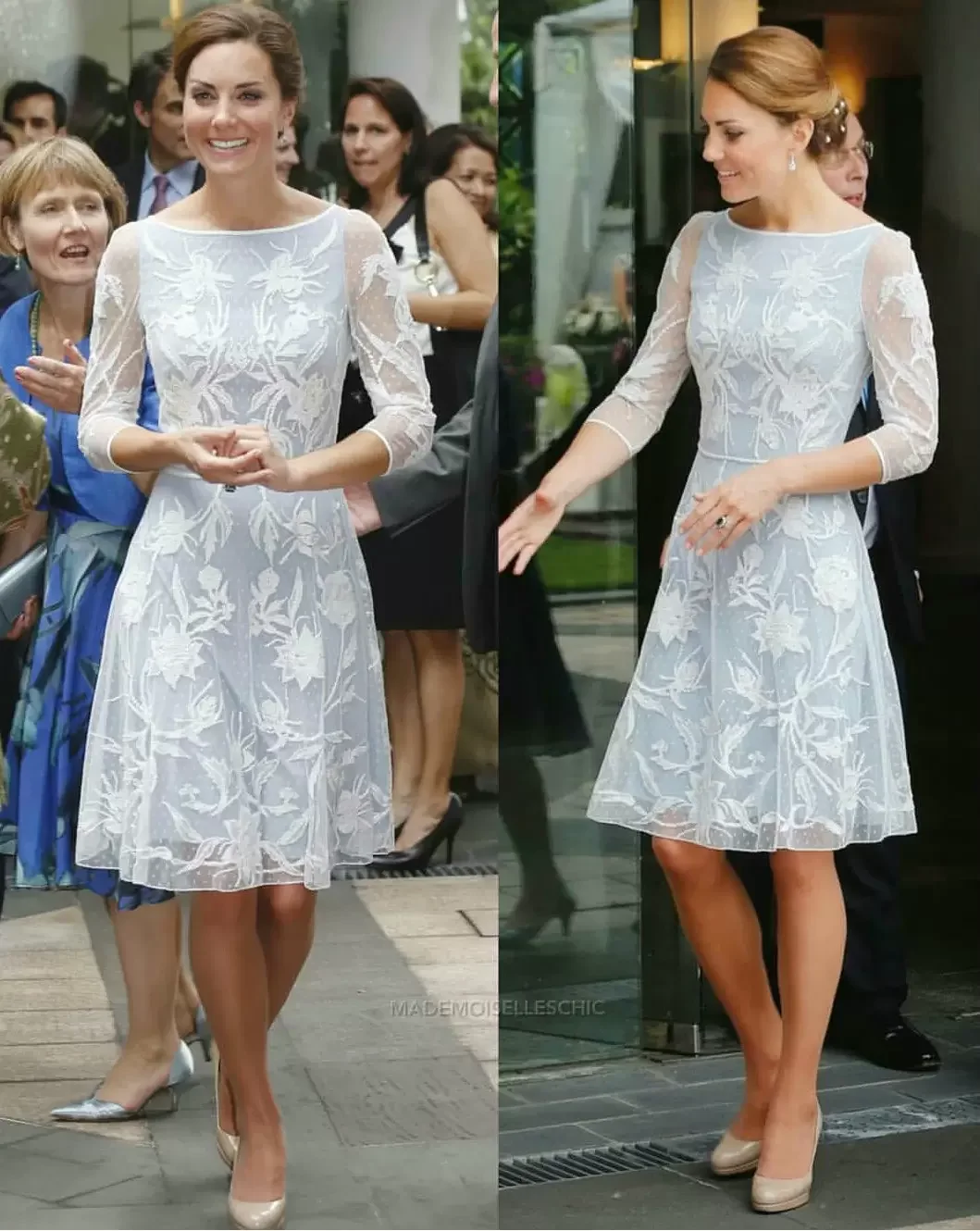 

Floral Evening Dresses Of Princess Kate Full Appliqued Lace Elegant Prom Dress Jewel Long Sleeve Knee-length Party Gown Cheap