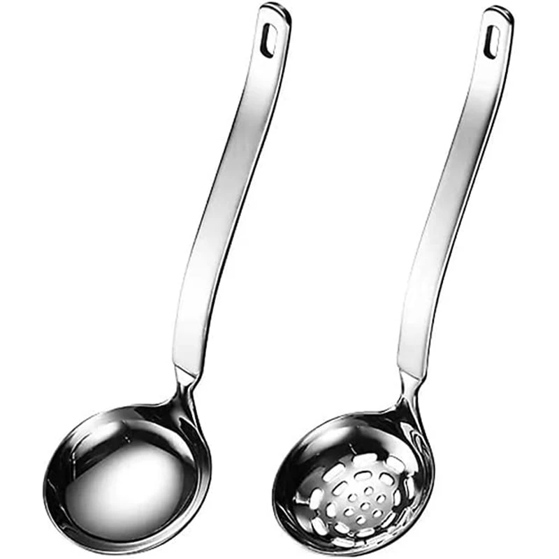 

2Pcs Metal Soup Spoon And Strainer, Ladle Slotted Spoon Set With Holes Colander Scoop For Serving Hot Pot, Restaurant Tableware