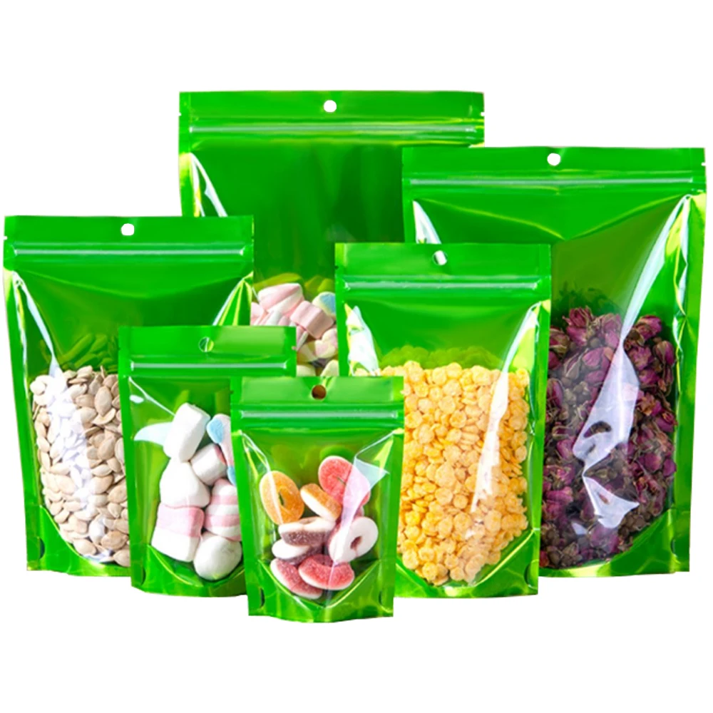 

1000Pcs Zip Lock Stand Up Packaging Pouches for Candy Snack Cookies Gift Nut Clear Plastic Green Mylar Foil Bag with Hang Hole