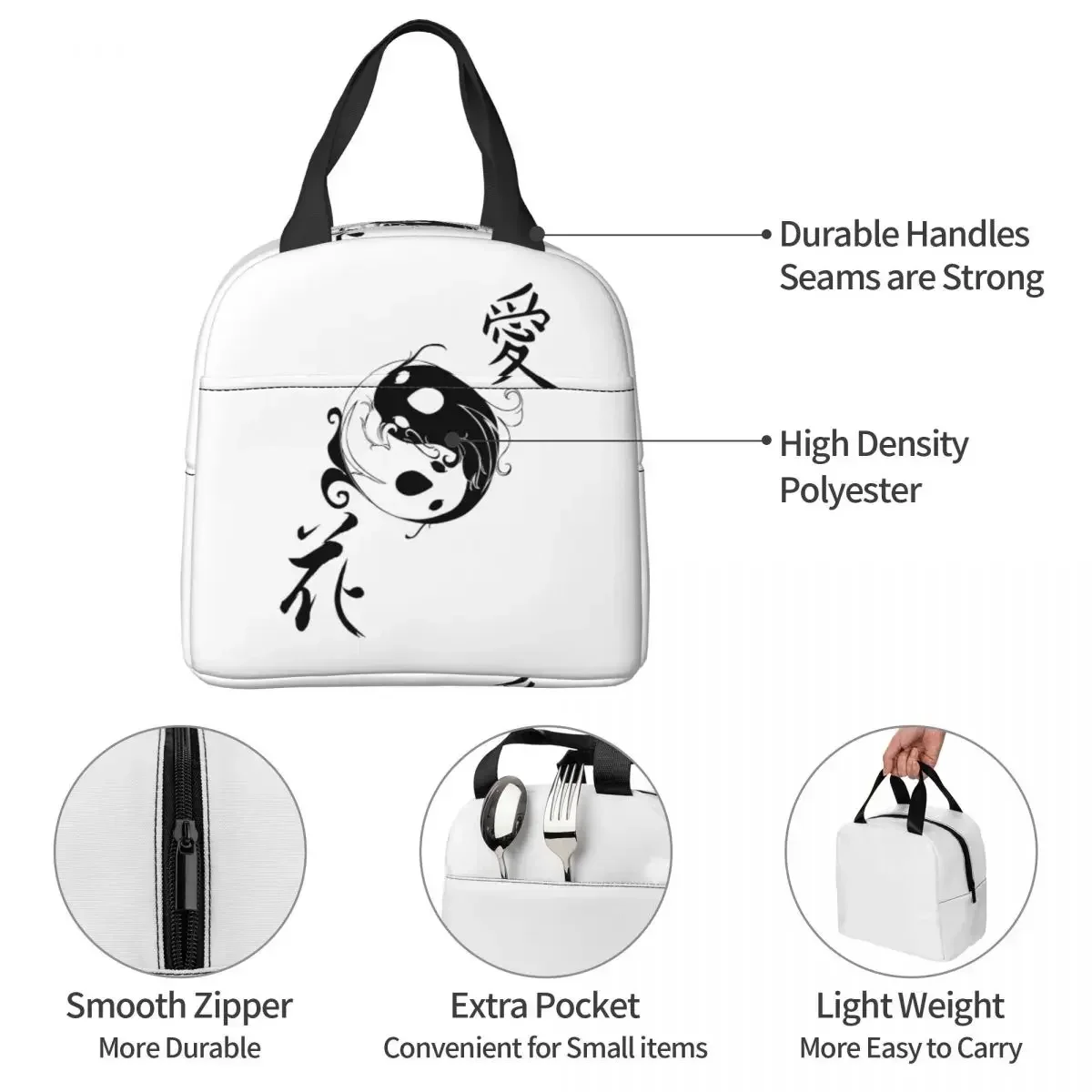 Изолированные сумки для ланча Ying Yang Koi Fish большой японский контейнер еды Kanji