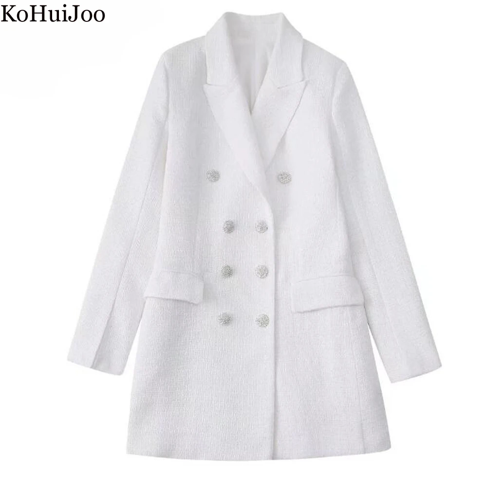 

KoHuiJoo White Blazer Women 2022 Double Breasted Loose Tweed Coat Formal Work Long Sleeve Long Woolen Outerwear Turn-Down Collar
