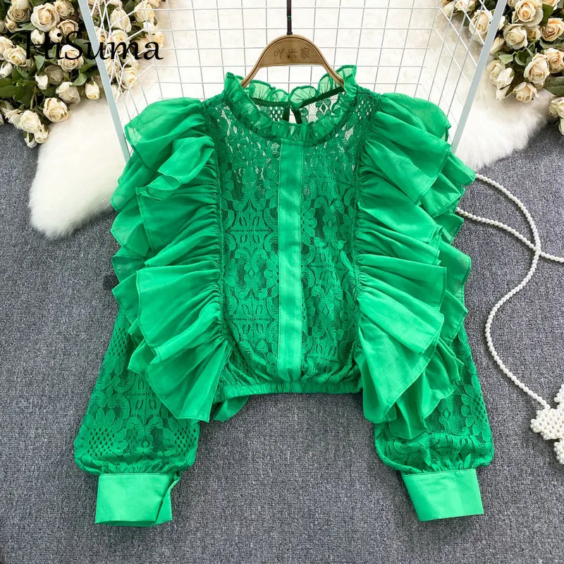 

2023 autumn new female O- neck puff sleeve ruffles chiffon stitching Lace shirts women elegant slim sweet blouses chic shirt