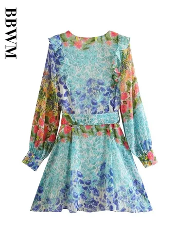 2023 Spring New Women Fashion Vintage Floral Print Belt Mini Dress Female Chic Streetwear V Neck Short Dresses Vestidos