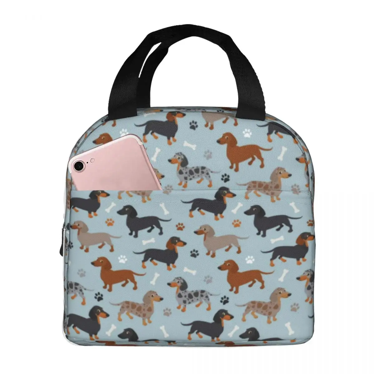 

Dog Print Lunch Bag with Handle Dachshund Paws and Bones Reusable Cooler Bag Cooling Office Meal Thermal Bag