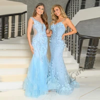 caroline blue sweetheart mermaid evening dress spaghetti strap flowers appliques sequin feathers prom gowns party custom made