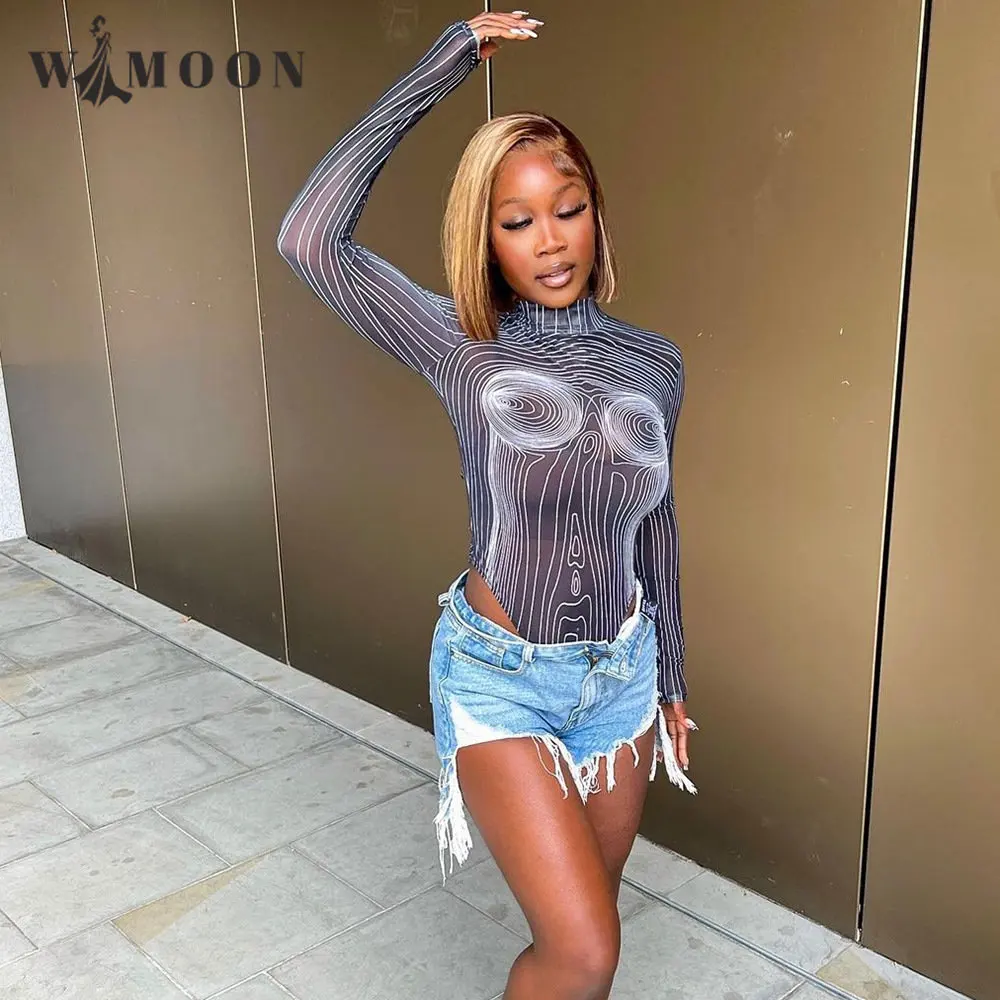 

Sexy Mesh See Through Bodysuits Fashion 3D Line Print Long Sleeve Body Suit Overalls Bodycon Jumpsuits Women Rompers Casual Tops