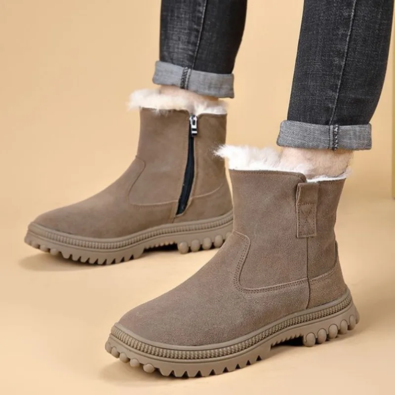 

Men's Cowhide Boots Fashion Side Zipper Boot Warm Wool Soft Plush Fur Winter Shoes Snow Hiking Walking Work Outdoor Shoe Botas