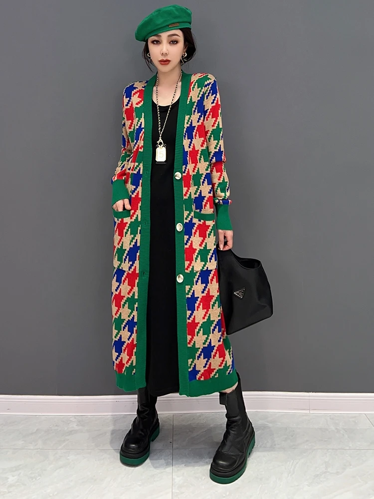 

SuperAen 2022 Winter New Korean Fashion Grid Knitted Cardigan Coat for Women