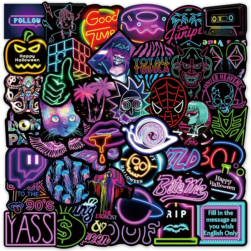 

10/30/50PCS Kawaii Neon Lights Magic Graffiti Sticker Aesthetic Color PVC Decorative Scrapbook Child Phone Stationery Supply