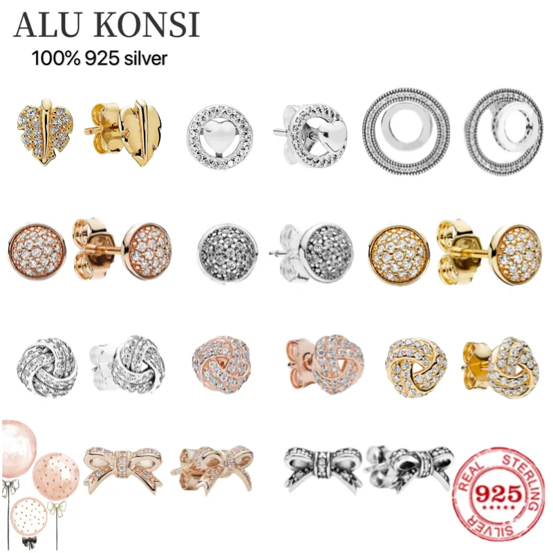 

New Hot Sale 100% 925 Sterling Silver Fit Original pan earrings For Women bowknot Love heart crystal DIY Jewelry wedding gift