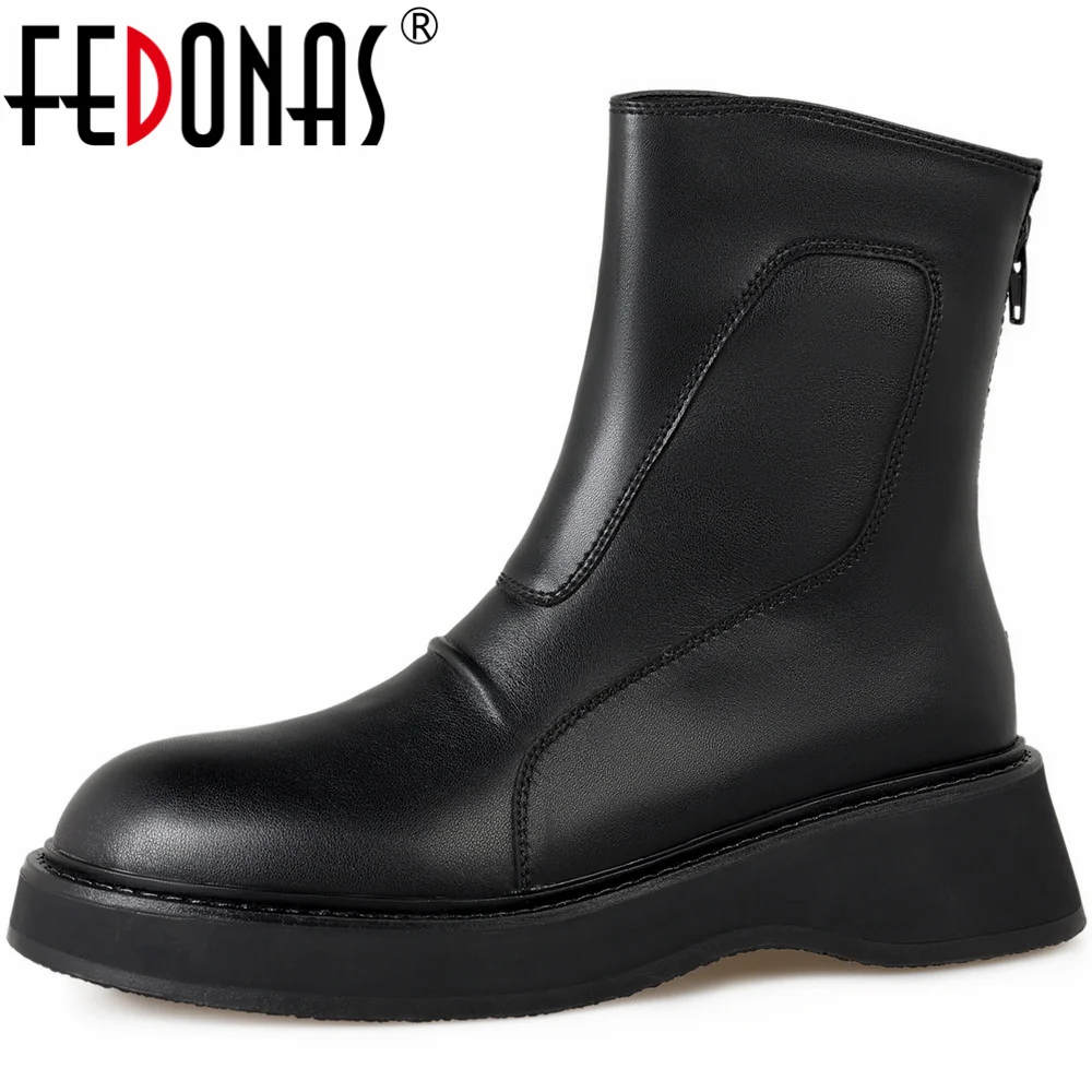 

FEDONAS Leisure Round Toe Women Ankle Boots Back Zipper Basic Splicing Genuine Leather Shoes Woman Autumn Winter Casual Outdoor