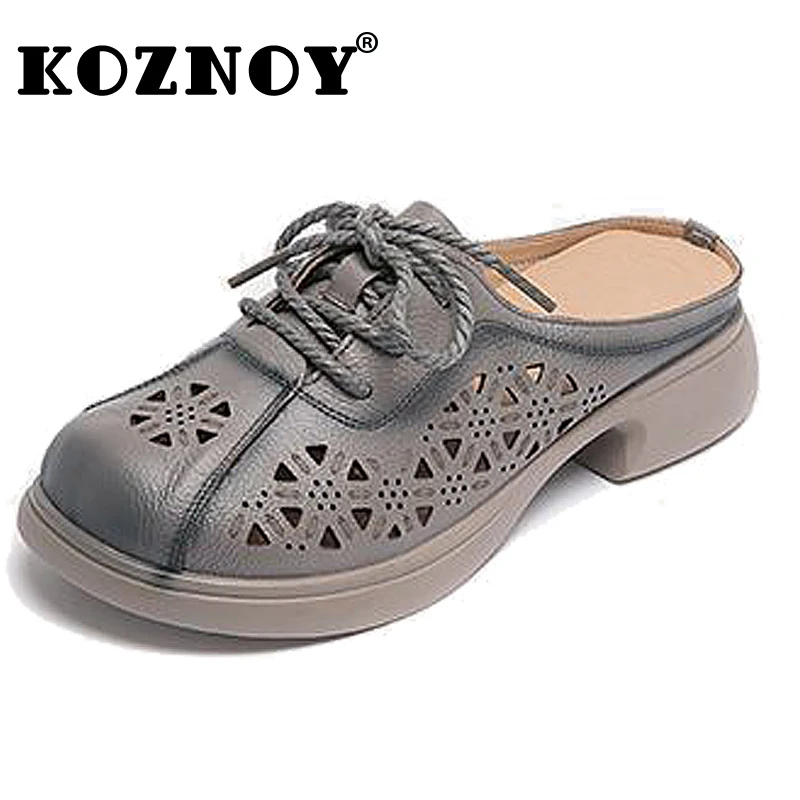 

Koznoy 3cm Women Moccassin Genuine Leather Summer Round Toe Hollow Comfy Loafers Oxfords Soft Soled Flats Slippers Ethnic Shoes