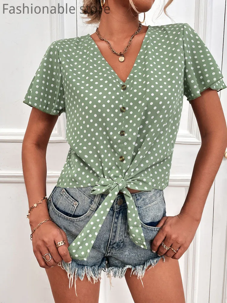 

Women Print Short Sleeve V-Neck Buttoned Lace-Up Detail Chiffon Blouse