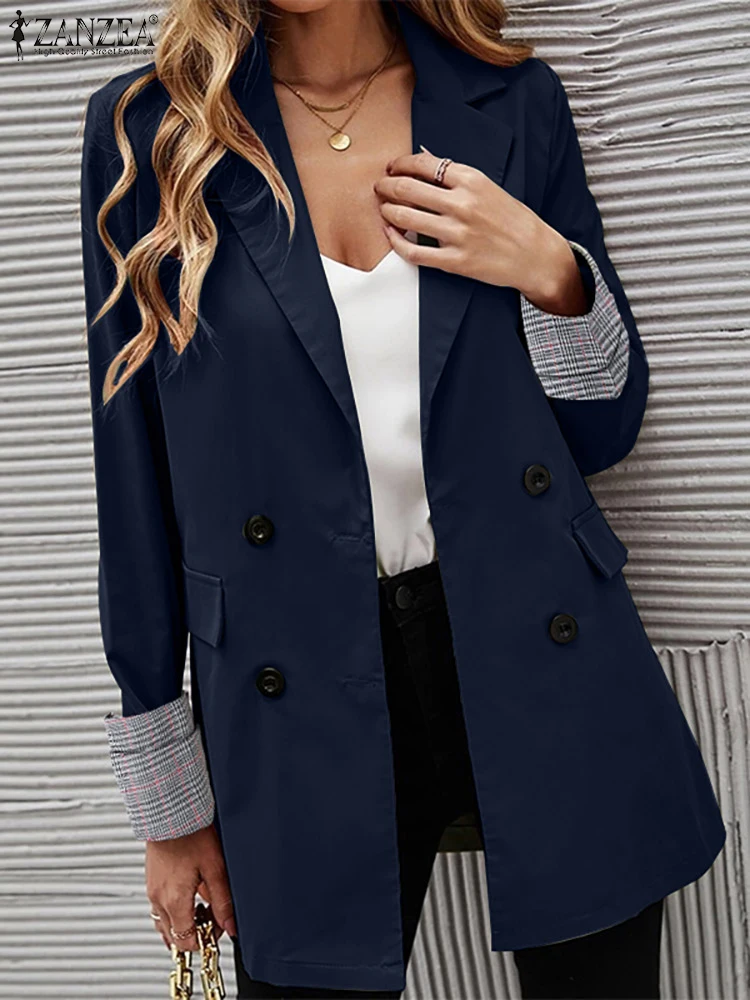 ZANZEA Women Plaid Cuffs Casual Blazer Autumn Suit Collar Long Sleeve Office Wear Long Suits Elegant 2023 Fashion Suit Coats