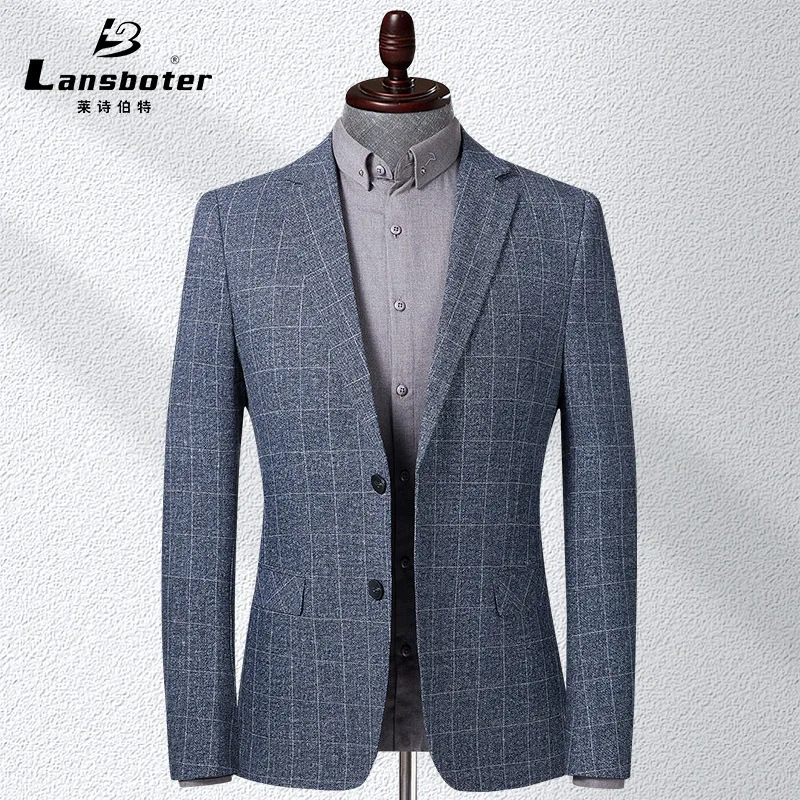 

Lansboter Grey Spring And Autumn Men's Casual Suit Coat Korean Version Slim Fit Small Checked Suit Jacket